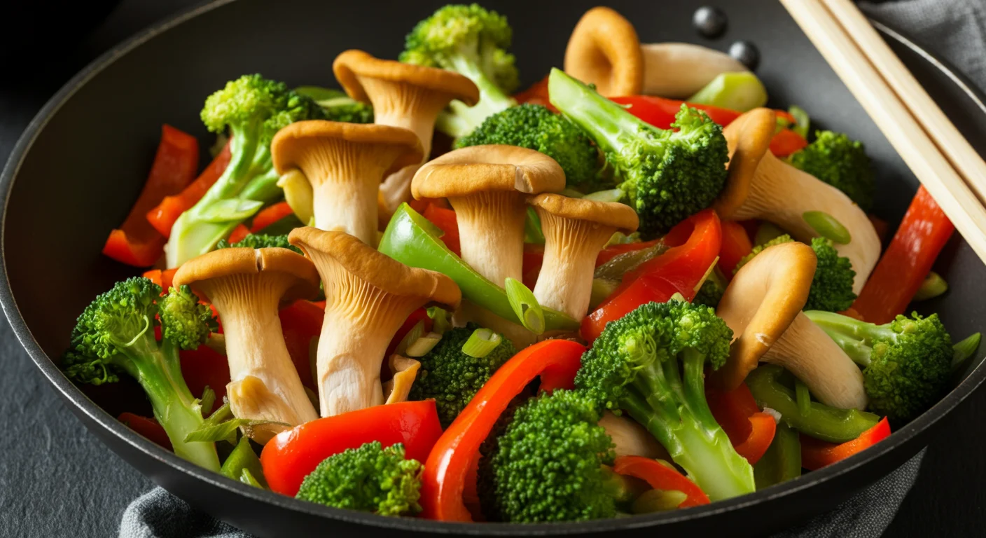 Bright stir-fry with golden oyster mushrooms, peppers, and broccoli