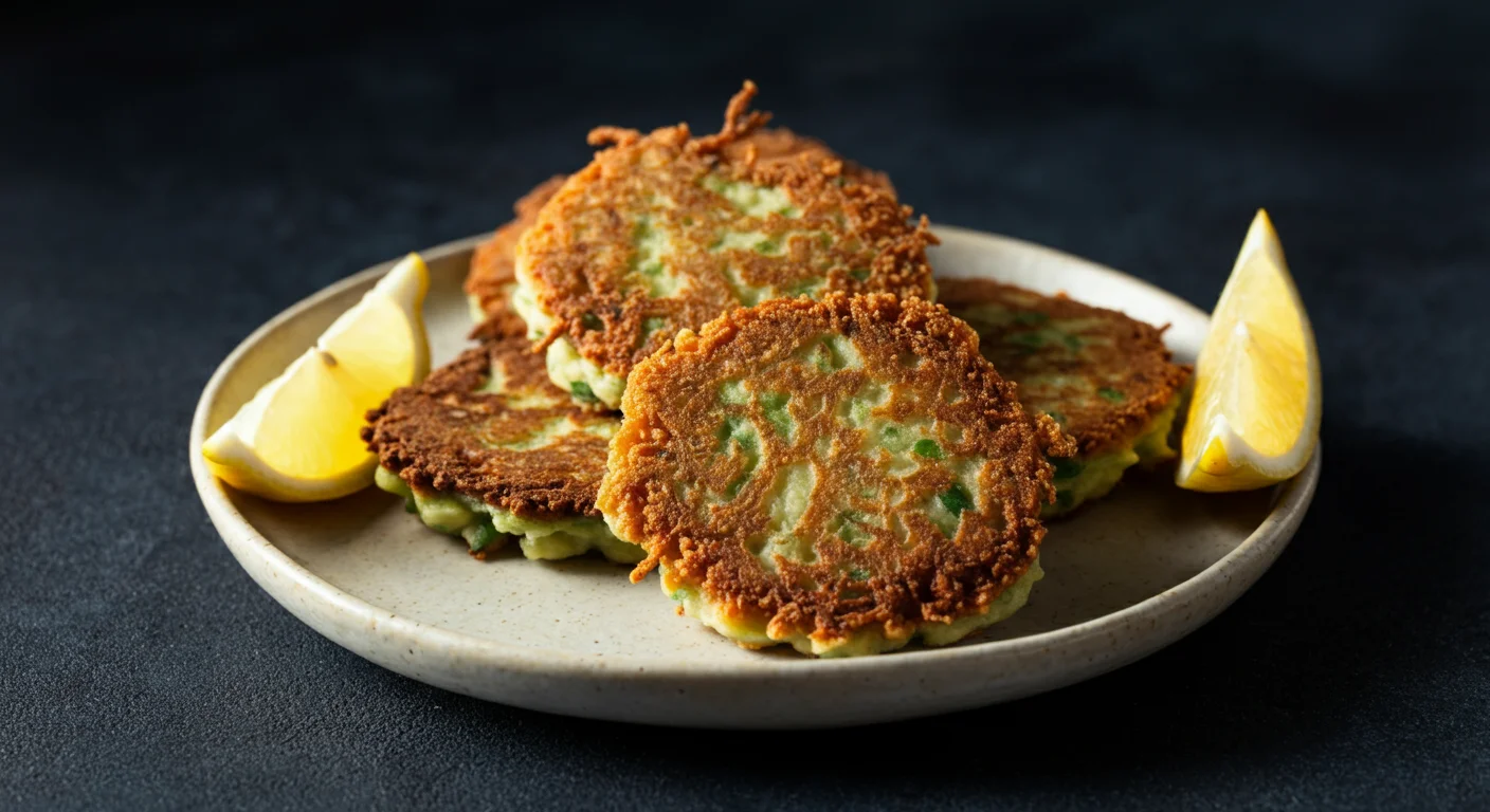 Lion’s mane cakes on a plate with lemon wedges
