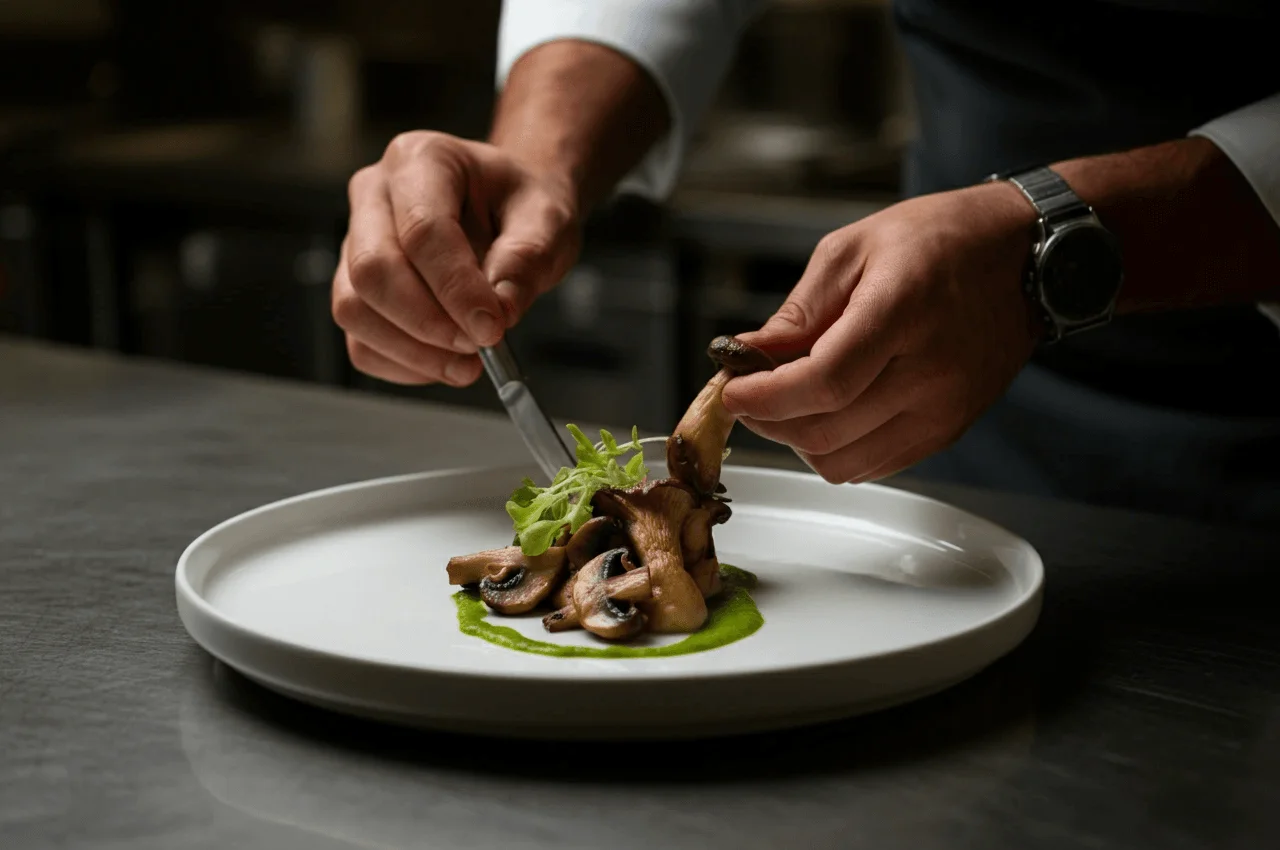 Chef plating a dish with mushroom